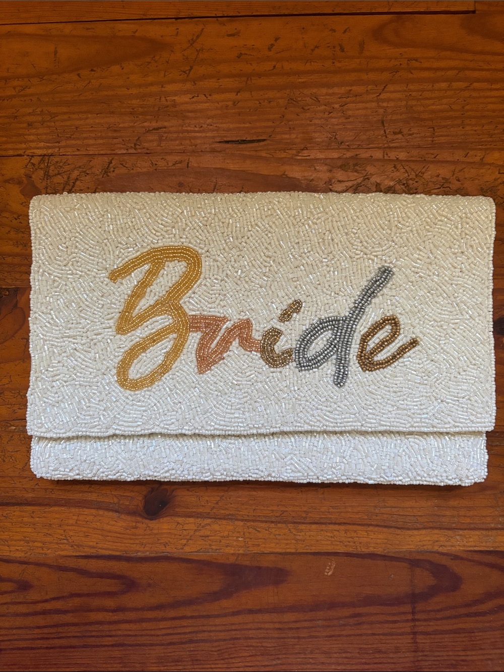 Beaded 'Bride' Clutch/Crossbody- White with Gold, Rose Gold & Silver Script